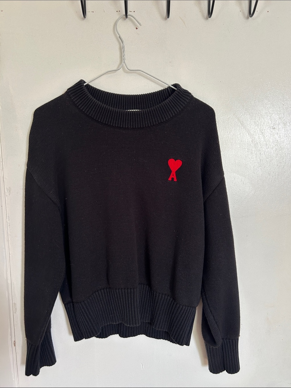 Ami Black Crewneck Sweater with Red Heart Logo